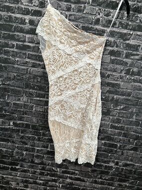 bebe One-Shoulder Nude Dress with White Lace Overlay